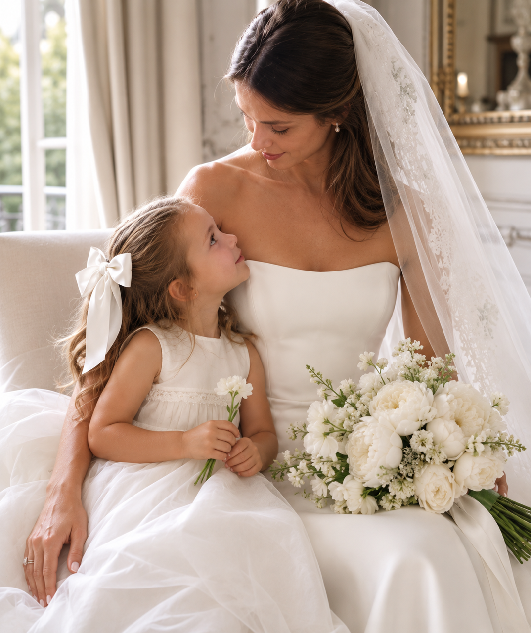 Bride with a young flower girl on her wedding day, for Iconic Fragrances for a Bride