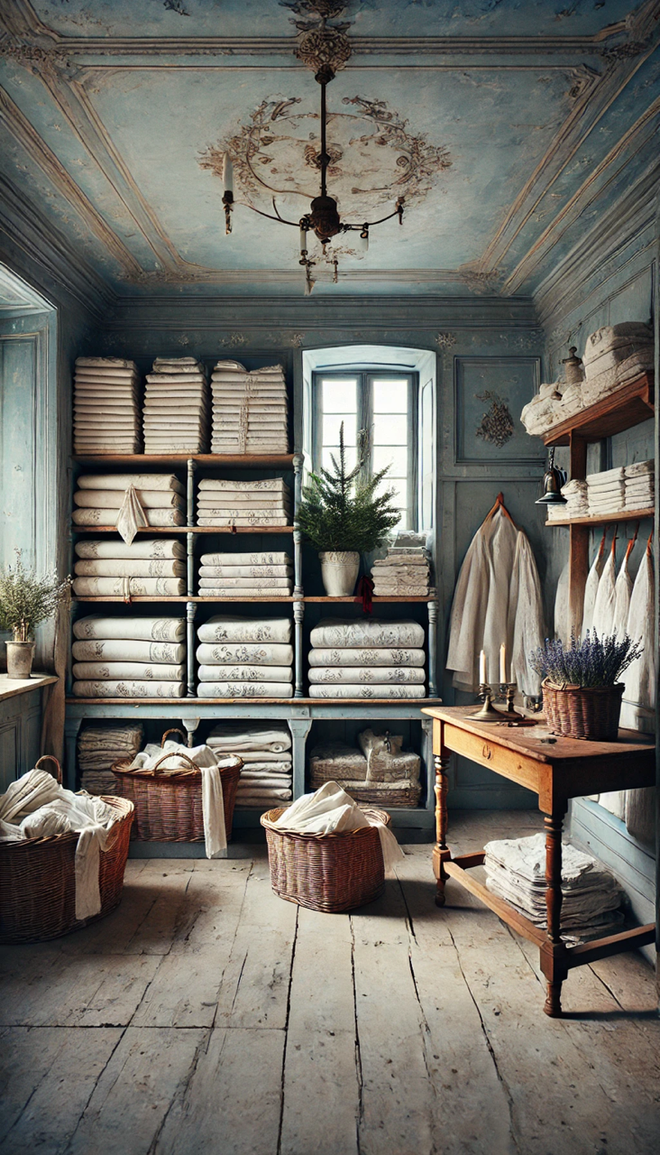 Country house linen room with folded linens and a small Christmas tree prepared for the festive season.