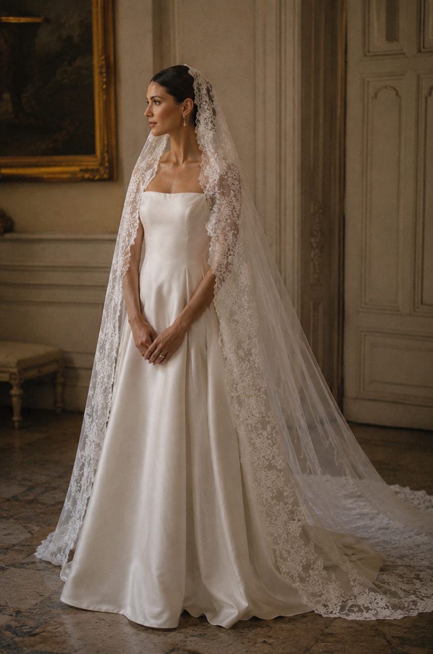 Bride wearing a long lace wedding veil and ivory satin gown in an elegant château interior