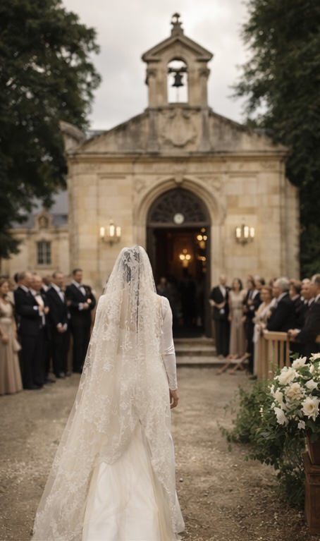 Bride wearing a long lace wedding veil walking towards a historic chapel.