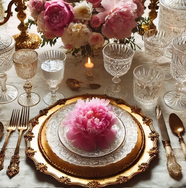 Elegant spring dinner party table with pink peonies, crystal glassware, silver cutlery and a gilded place setting.